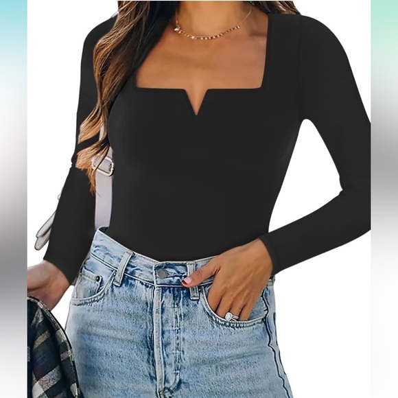 🦋Notch V Neck Long Sleeve Thong Bodysuit Tops Square Neck Body Suits Black Large - Picture 1 of 7